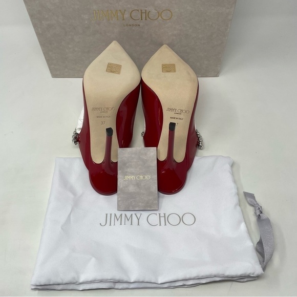 Jimmy Choo Bing 100 Red Patent Leather Heeled Mules with Crystal Strap NWT - Picture 12 of 16